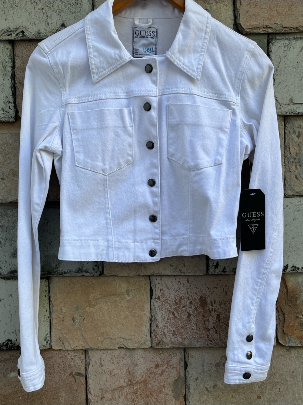 GUESS White Cropped Denim Jacket with Button Front